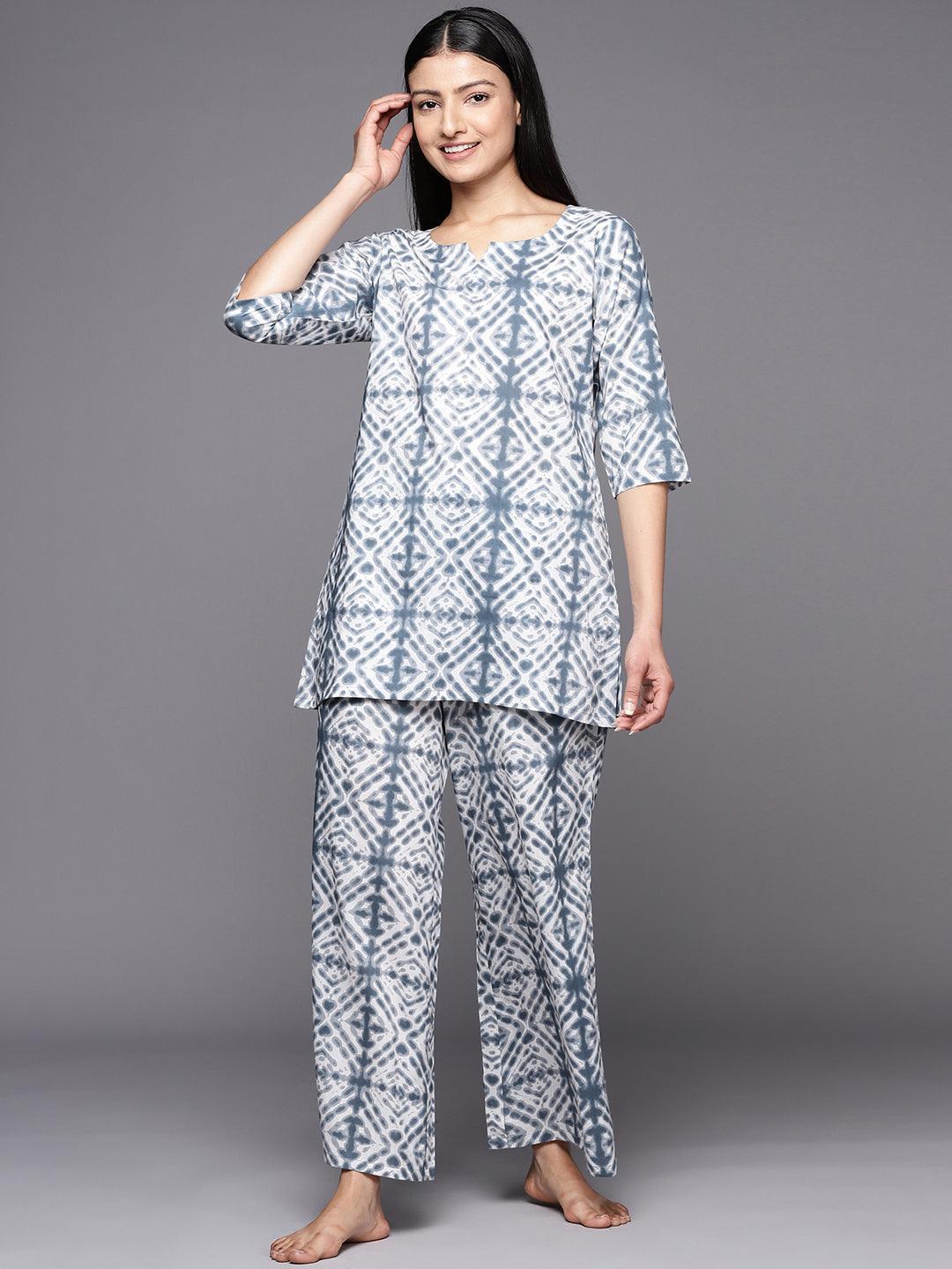 Grey Printed Cotton Night Suit - ShopLibas