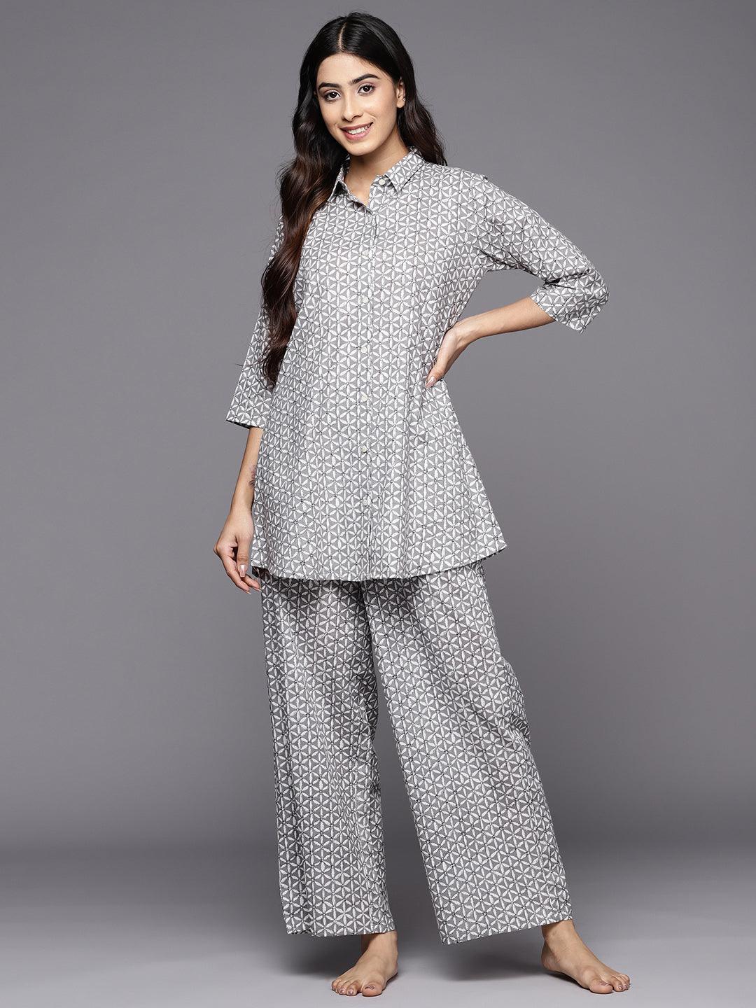 Grey Printed Cotton Night Suit