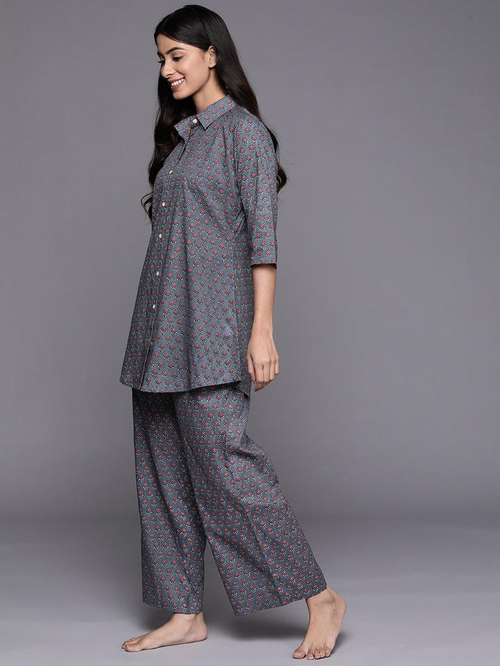 Grey Printed Cotton Night Suit - ShopLibas