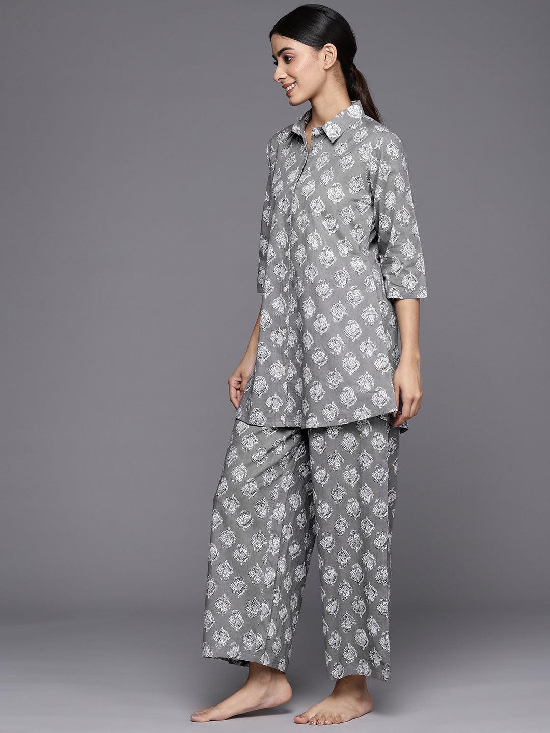 Grey Printed Cotton Night Suit