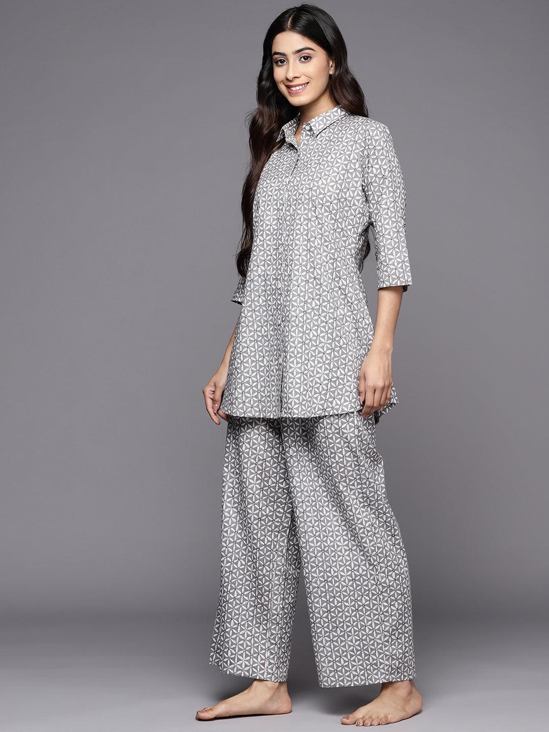 Grey Printed Cotton Night Suit