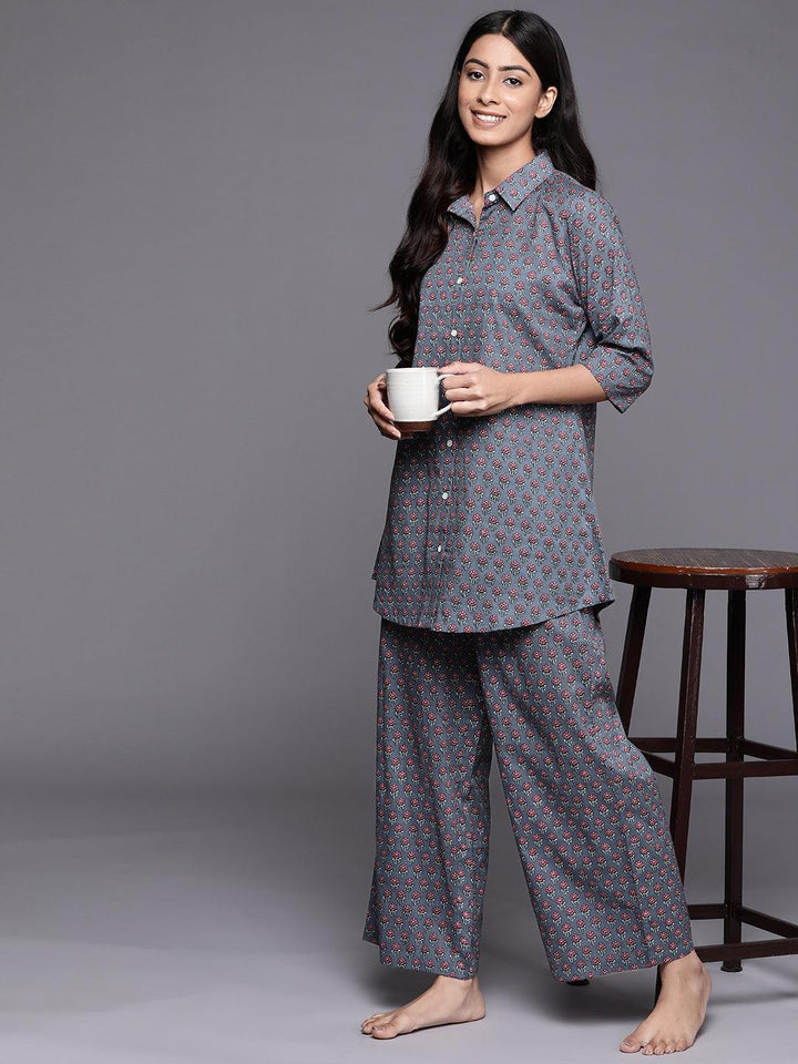 Grey Printed Cotton Night Suit - ShopLibas