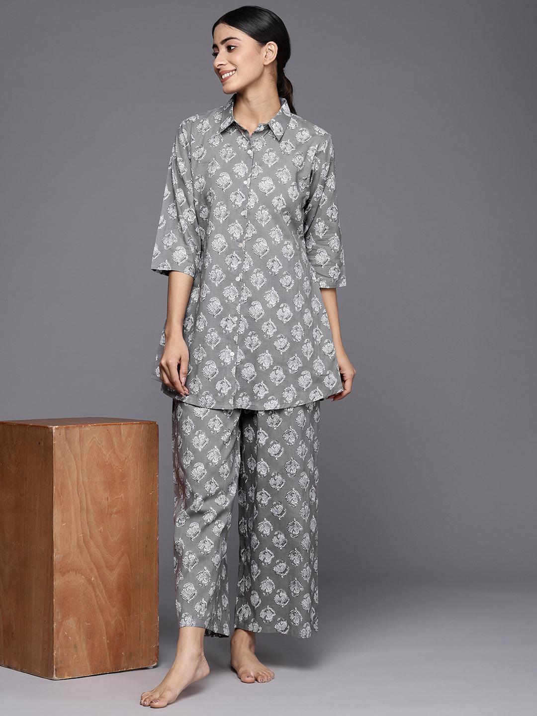 Grey Printed Cotton Night Suit - ShopLibas