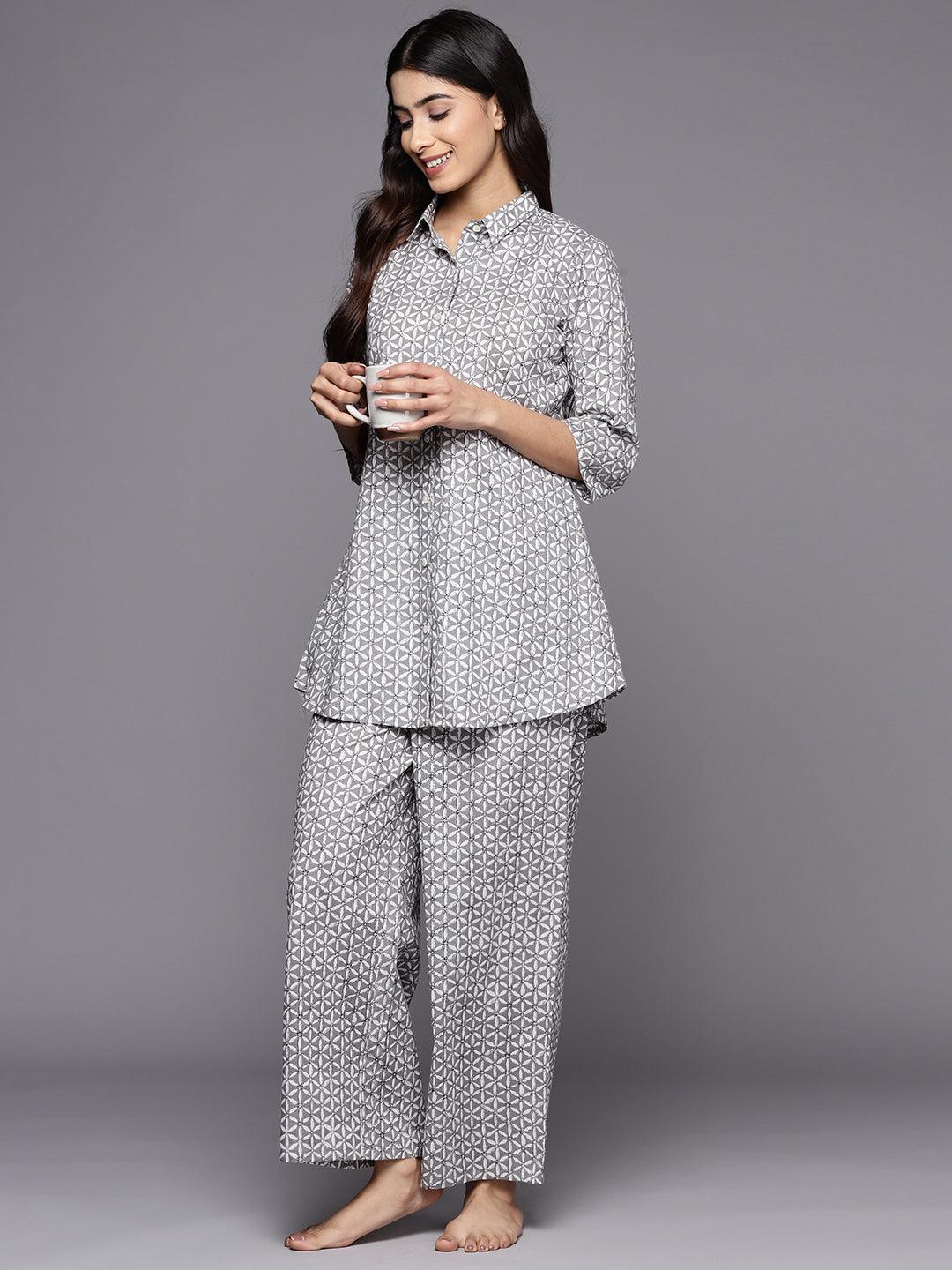 Grey Printed Cotton Night Suit - ShopLibas