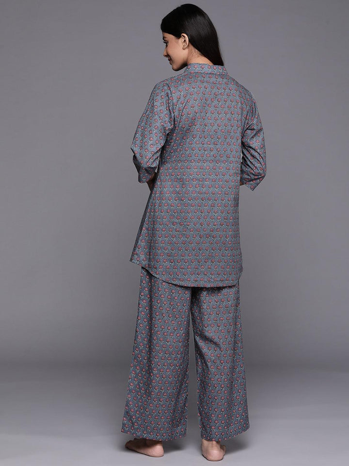 Grey Printed Cotton Night Suit - ShopLibas