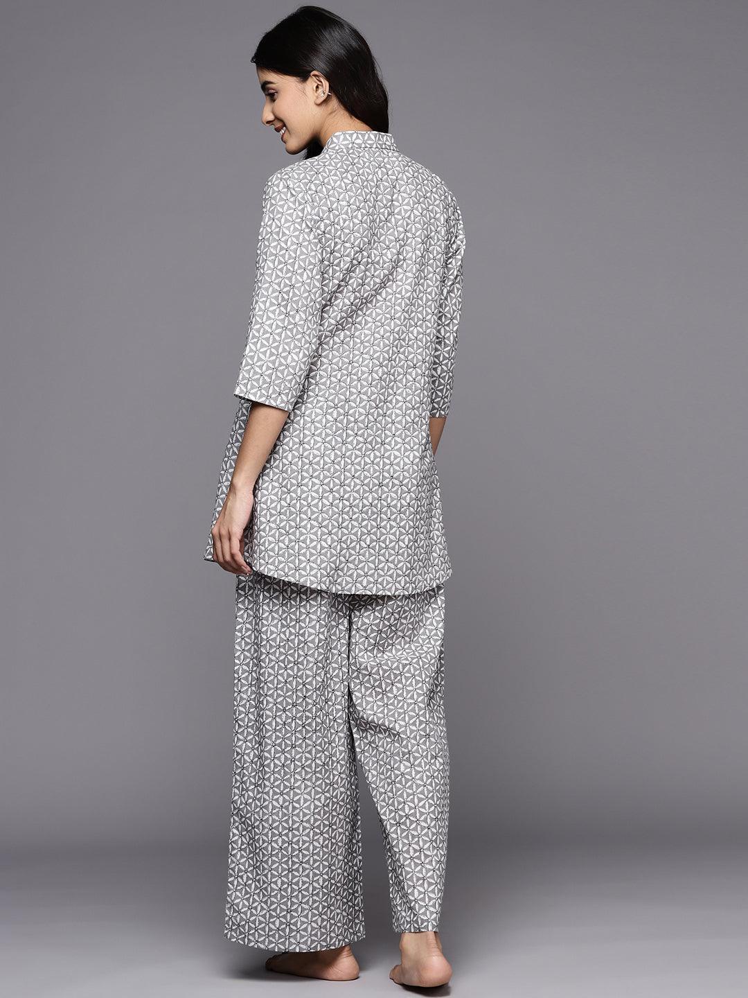 Grey Printed Cotton Night Suit - ShopLibas