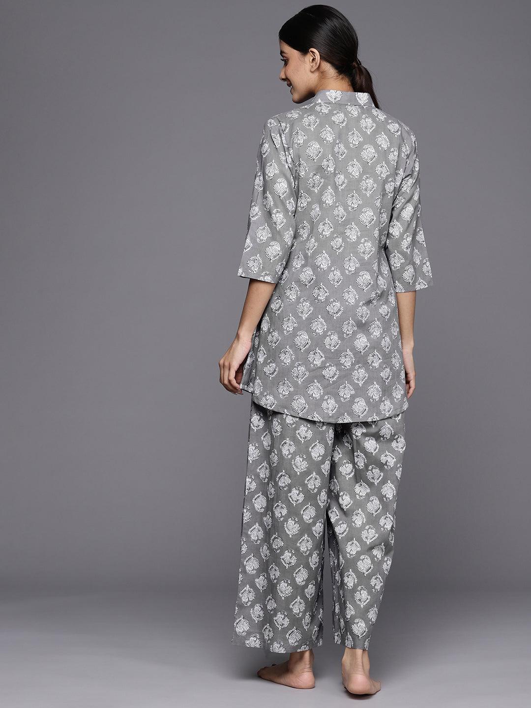 Grey Printed Cotton Night Suit - ShopLibas