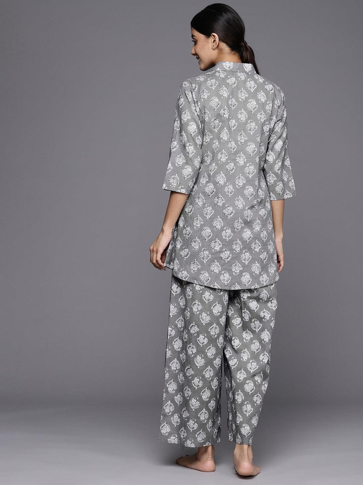 Grey Printed Cotton Night Suit - ShopLibas