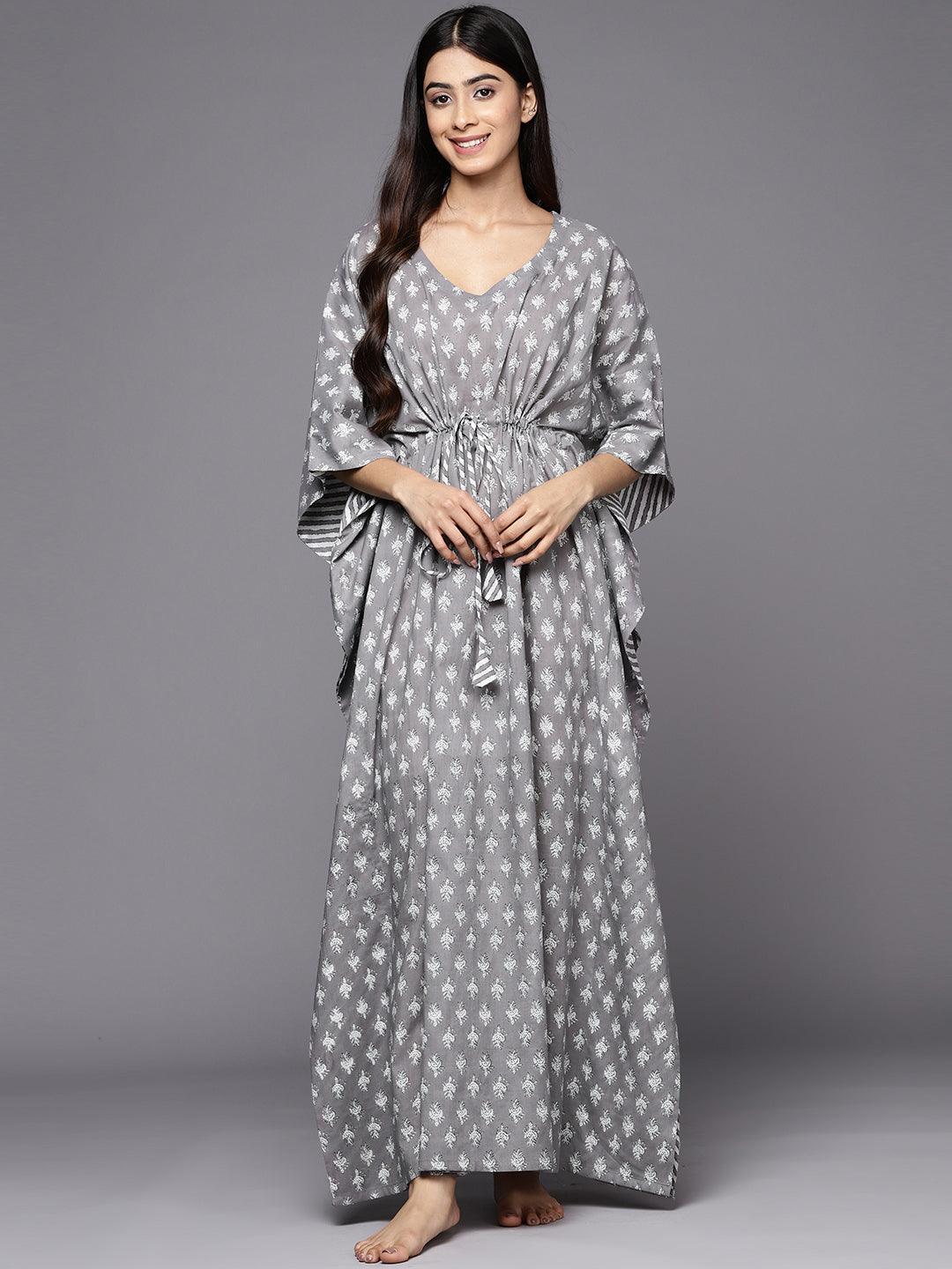 Grey Printed Cotton Nightdress - ShopLibas