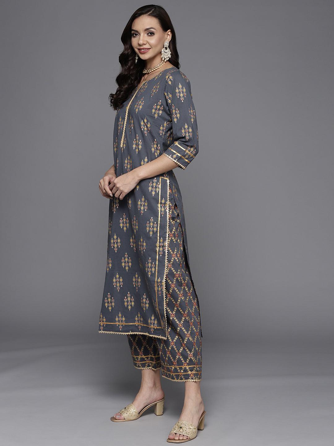 Grey Printed Cotton Straight Suit Set - ShopLibas