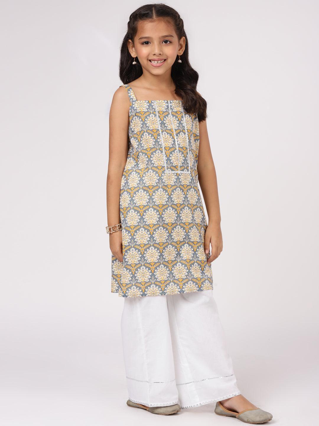 Kids Grey Printed Cotton Straight Kurta Set