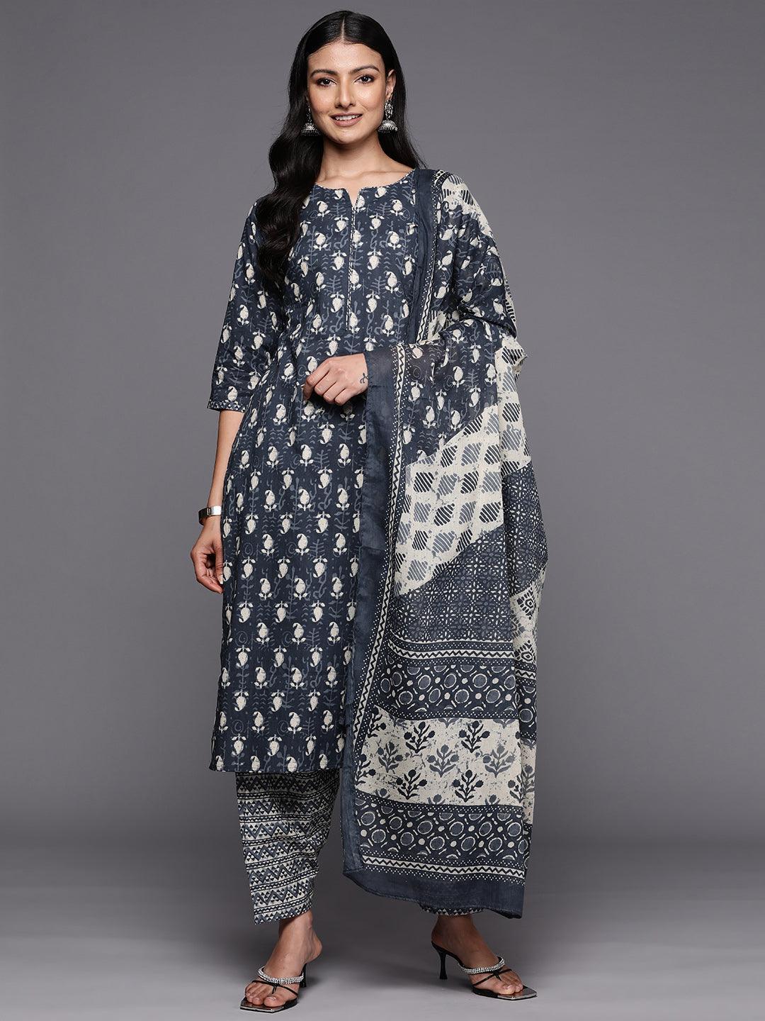 Grey Printed Cotton Straight Suit Set With Salwar