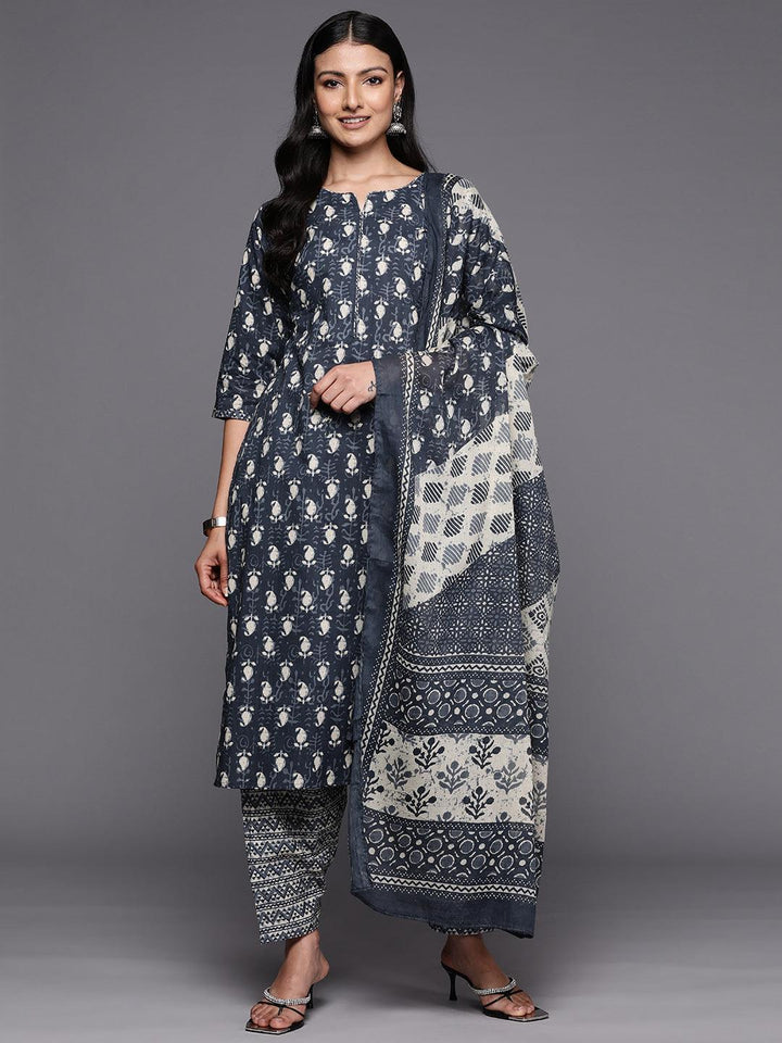 Grey Printed Cotton Straight Suit Set With Salwar - ShopLibas