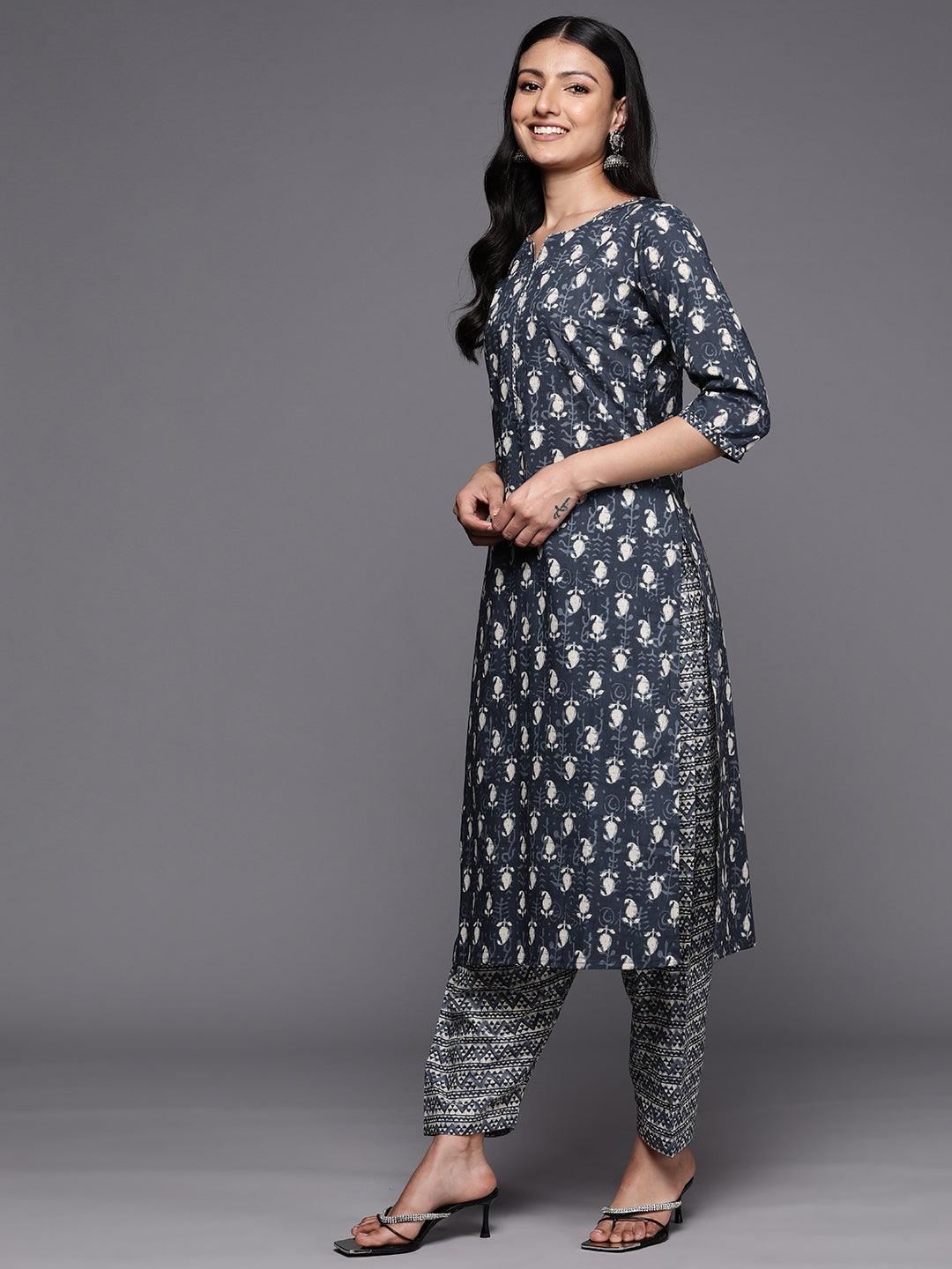 Grey Printed Cotton Straight Suit Set With Salwar