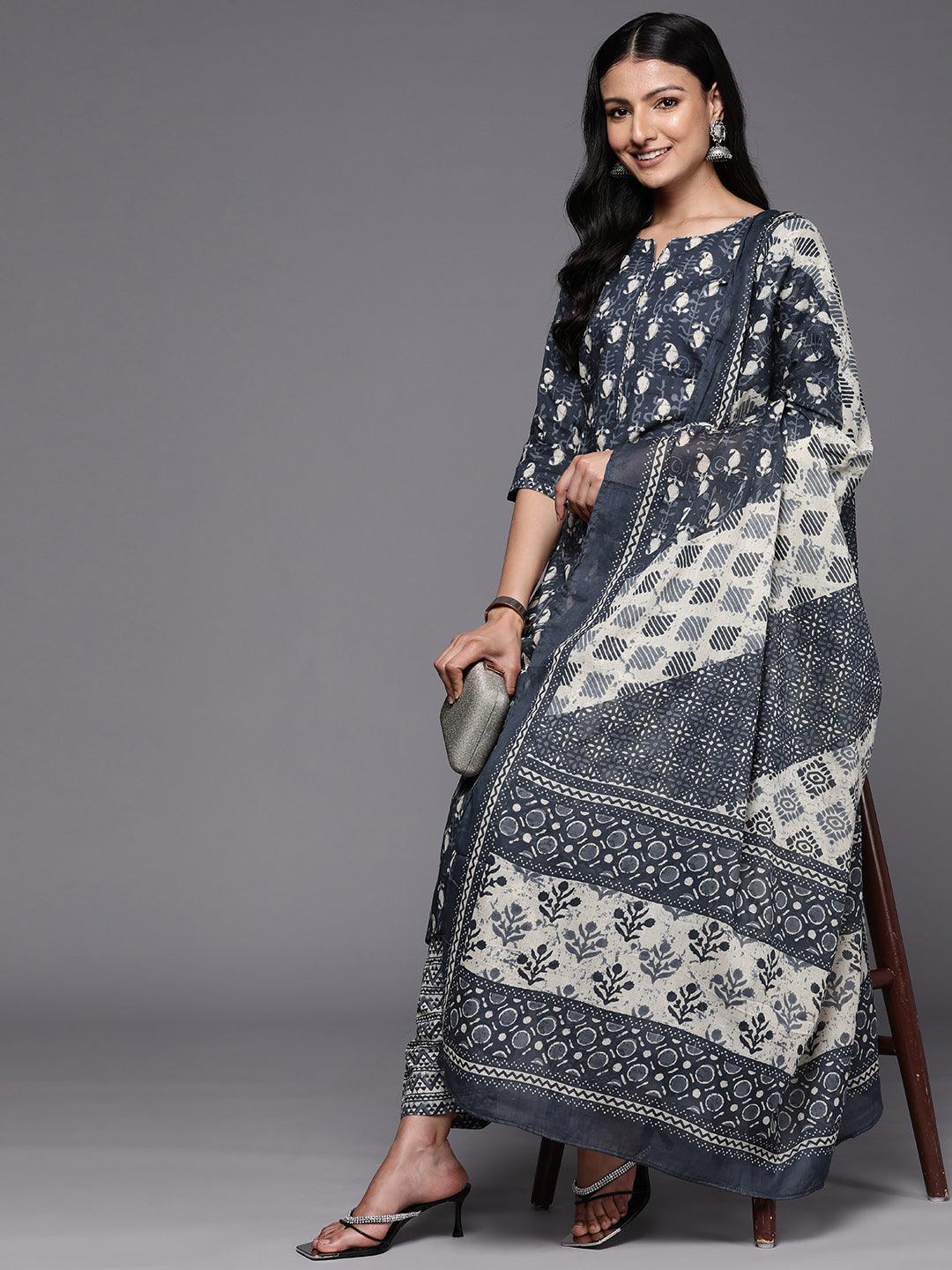 Grey Printed Cotton Straight Suit Set With Salwar