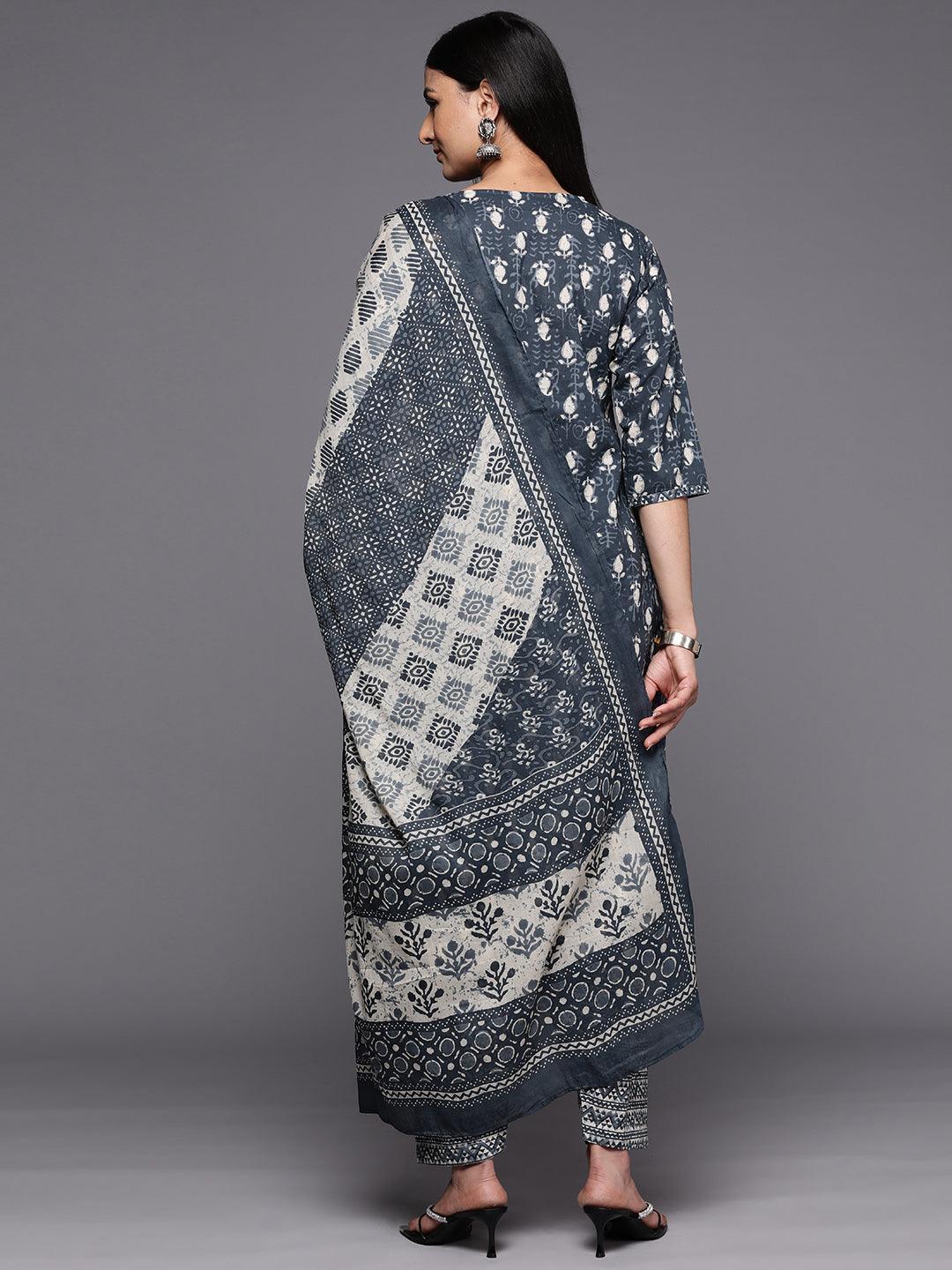 Grey Printed Cotton Straight Suit Set With Salwar