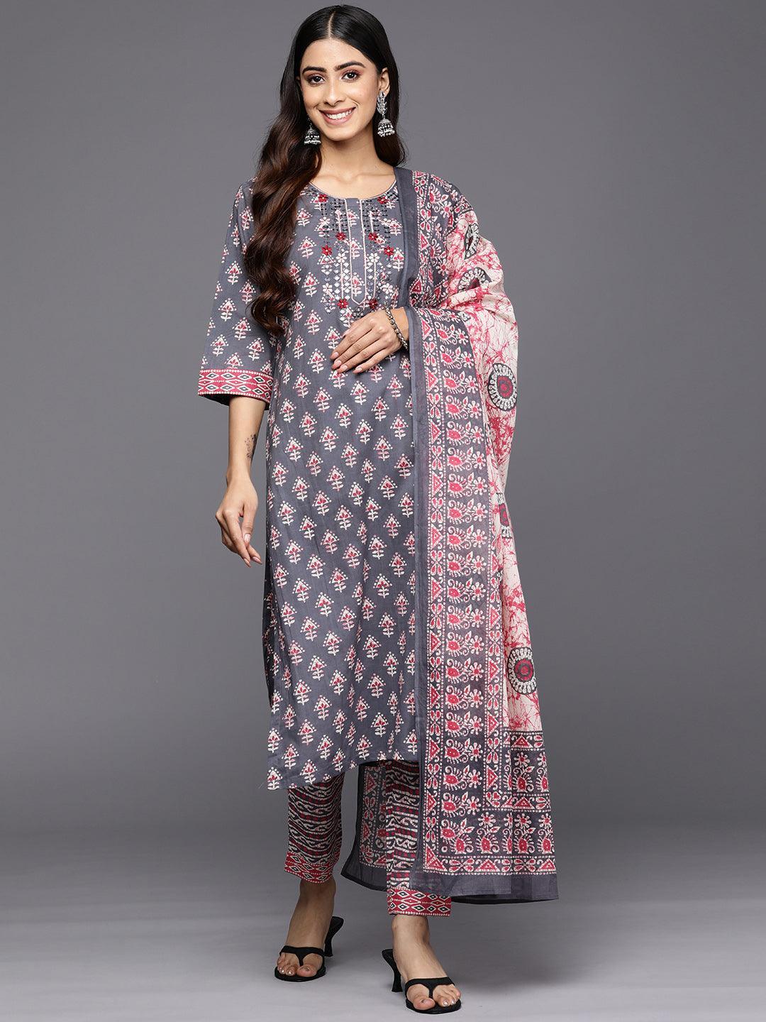 Grey Printed Cotton Straight Suit Set With Trousers