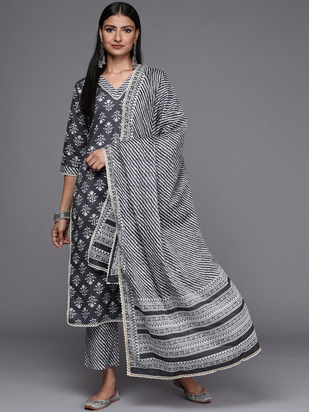 Grey Printed Cotton Straight Suit Set