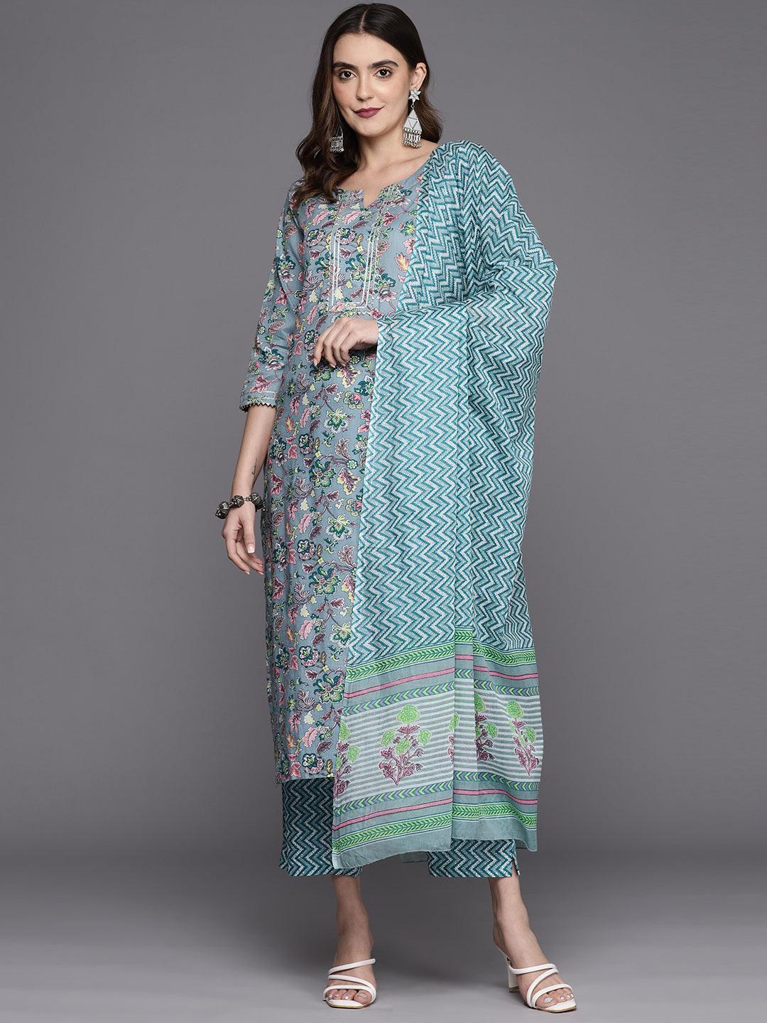 Grey Printed Cotton Straight Kurta With Trousers & Dupatta