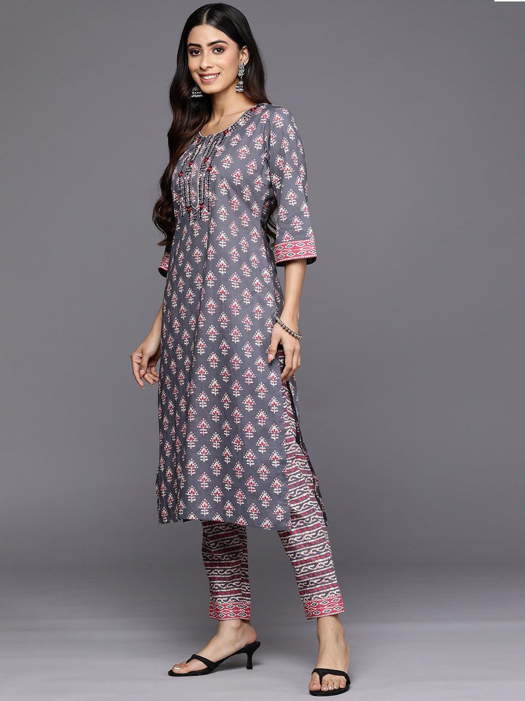 Grey Printed Cotton Straight Suit Set With Trousers