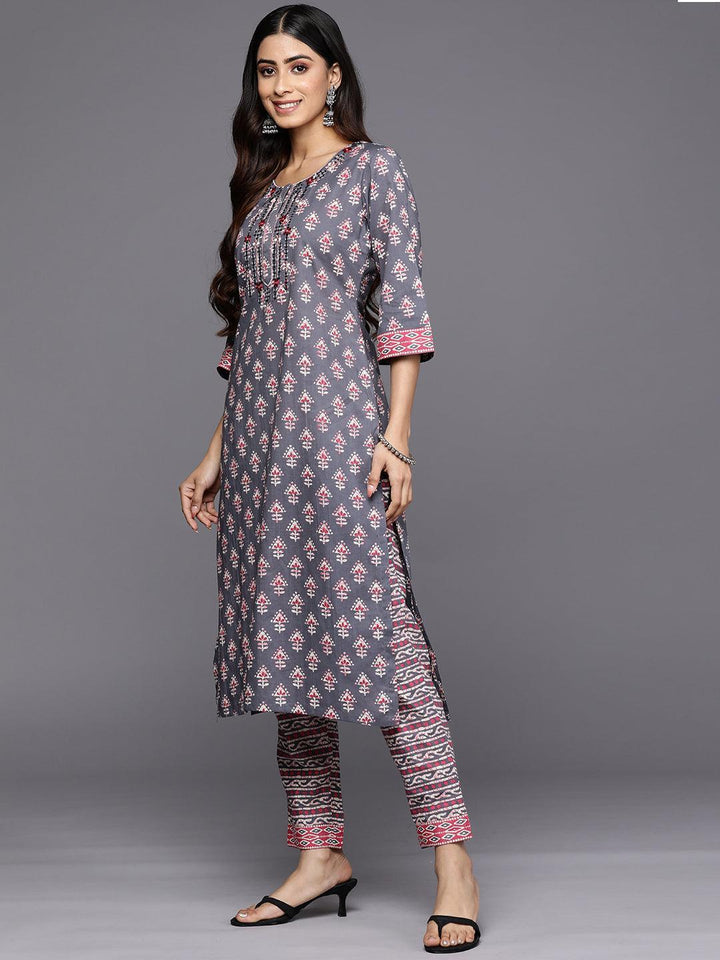 Grey Printed Cotton Straight Suit Set With Trousers - ShopLibas