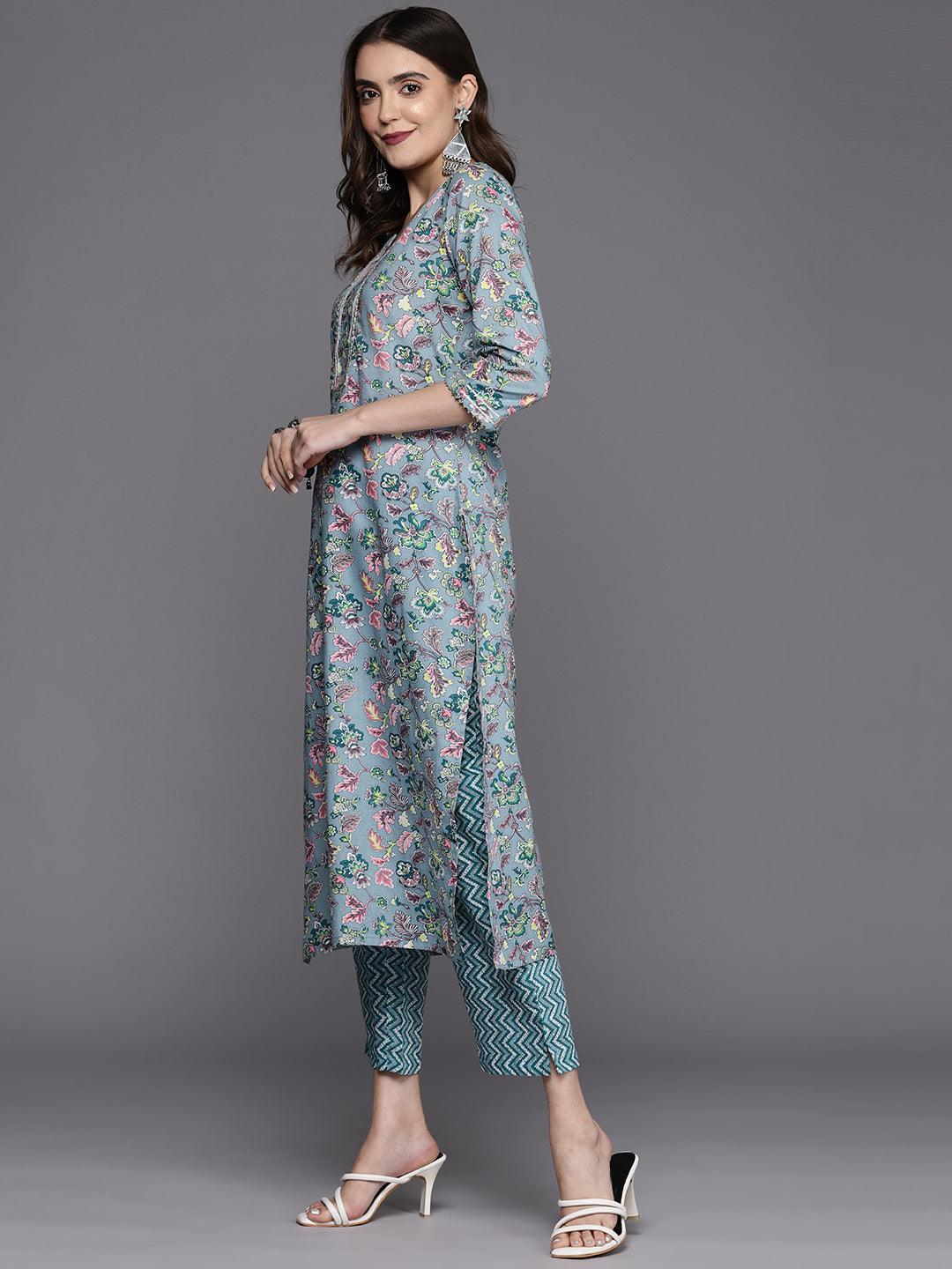 Grey Printed Cotton Straight Kurta With Trousers & Dupatta