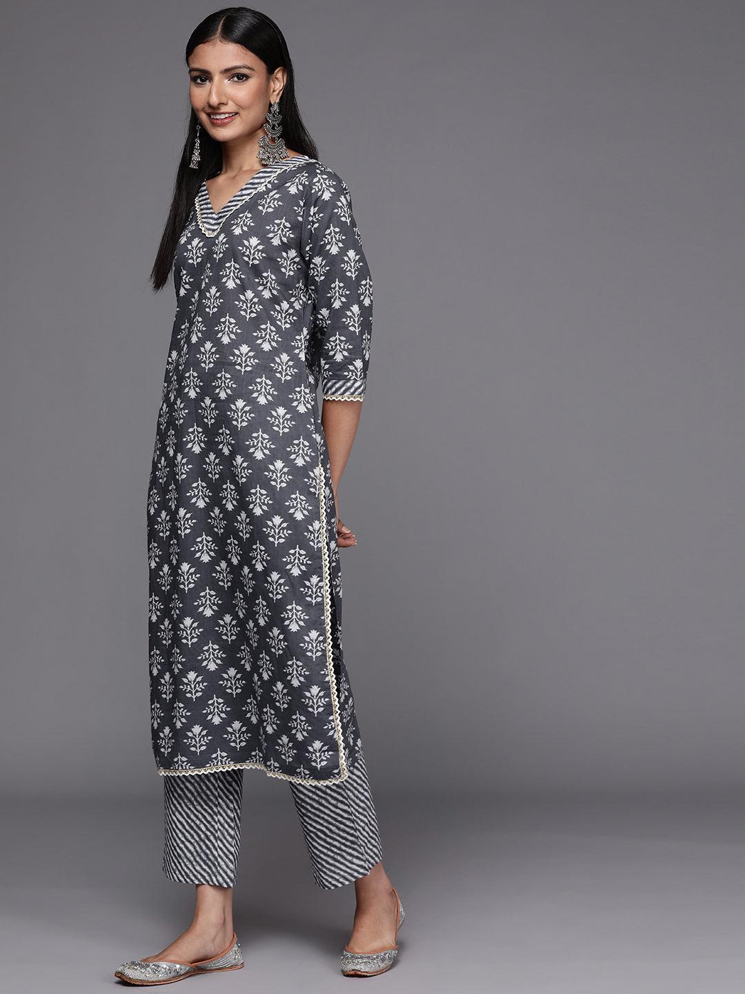 Grey Printed Cotton Straight Suit Set