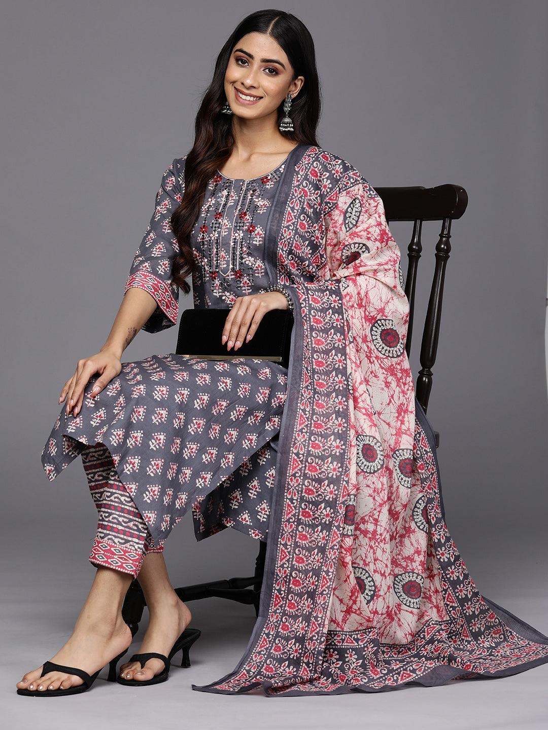 Grey Printed Cotton Straight Suit Set With Trousers