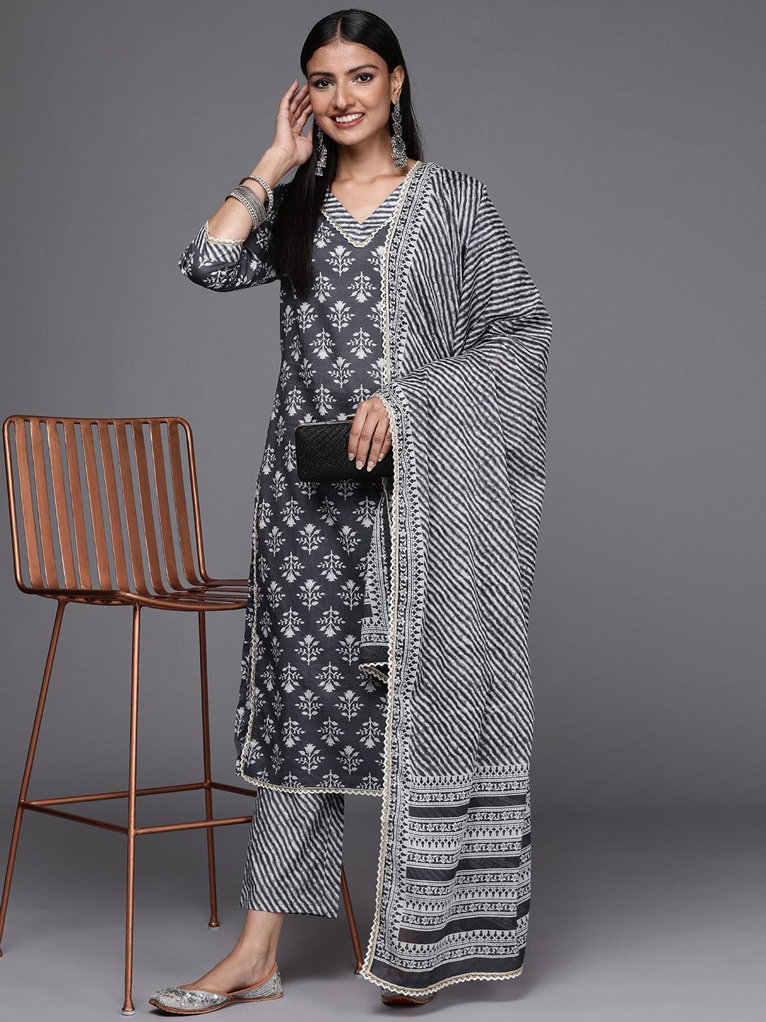 Grey Printed Cotton Straight Suit Set