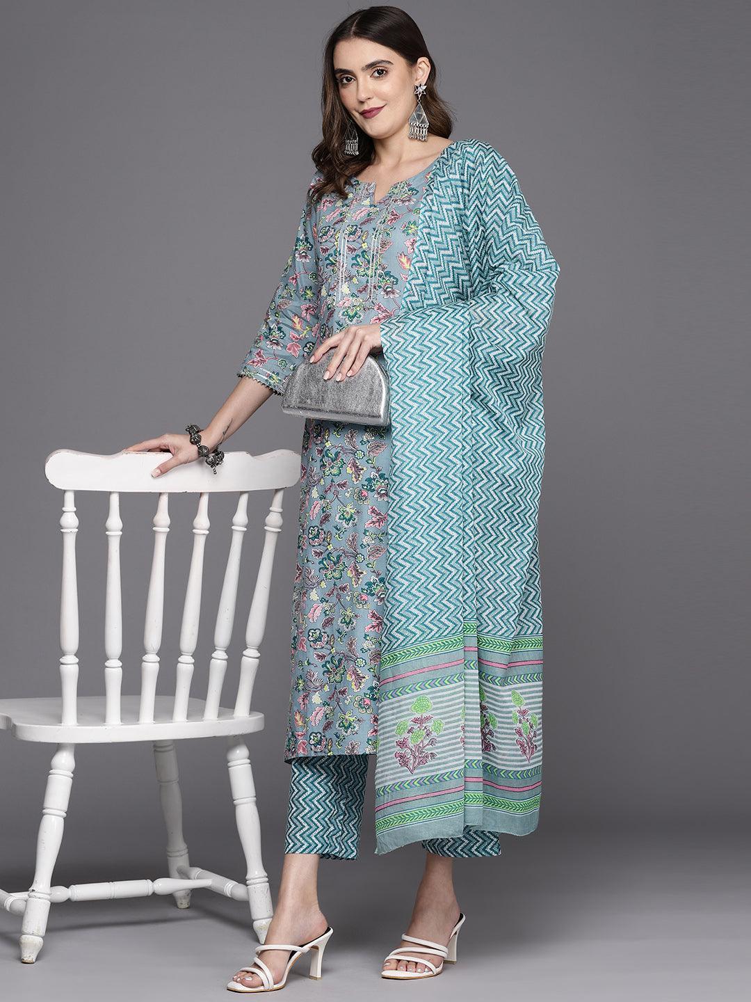 Grey Printed Cotton Straight Kurta With Trousers & Dupatta