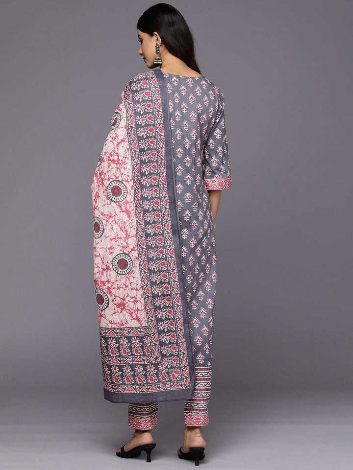 Grey Printed Cotton Straight Suit Set With Trousers - ShopLibas