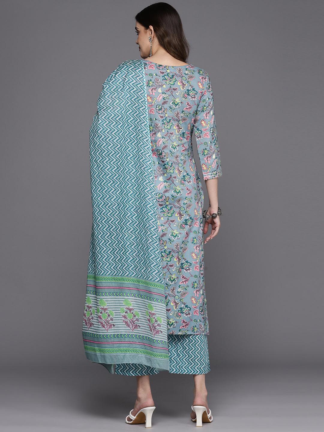 Grey Printed Cotton Straight Kurta With Trousers & Dupatta