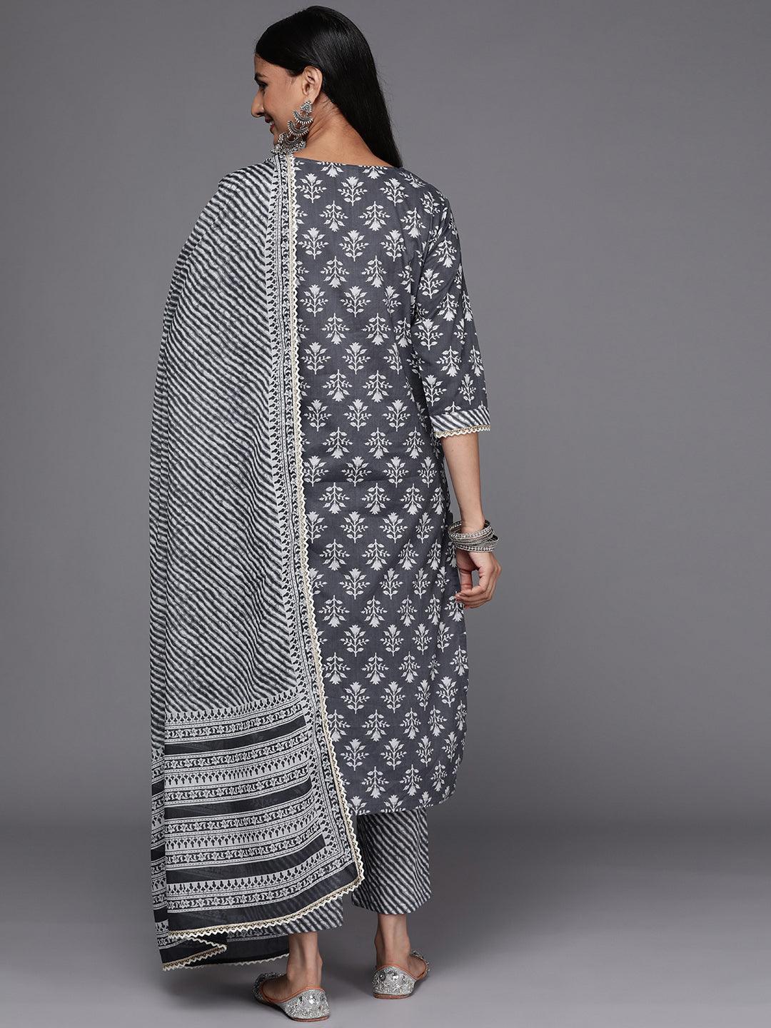 Grey Printed Cotton Straight Suit Set