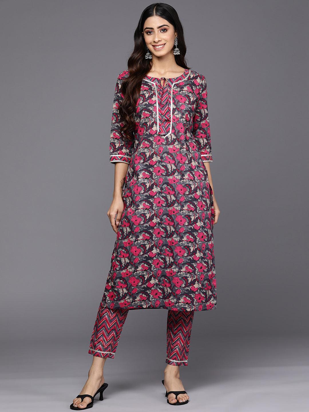 Grey Printed Cotton Straight Kurta Set With Trousers