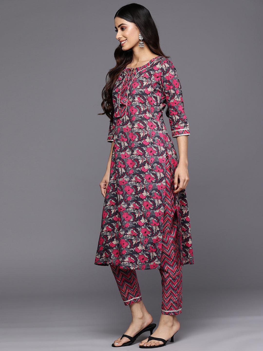 Grey Printed Cotton Straight Kurta Set With Trousers