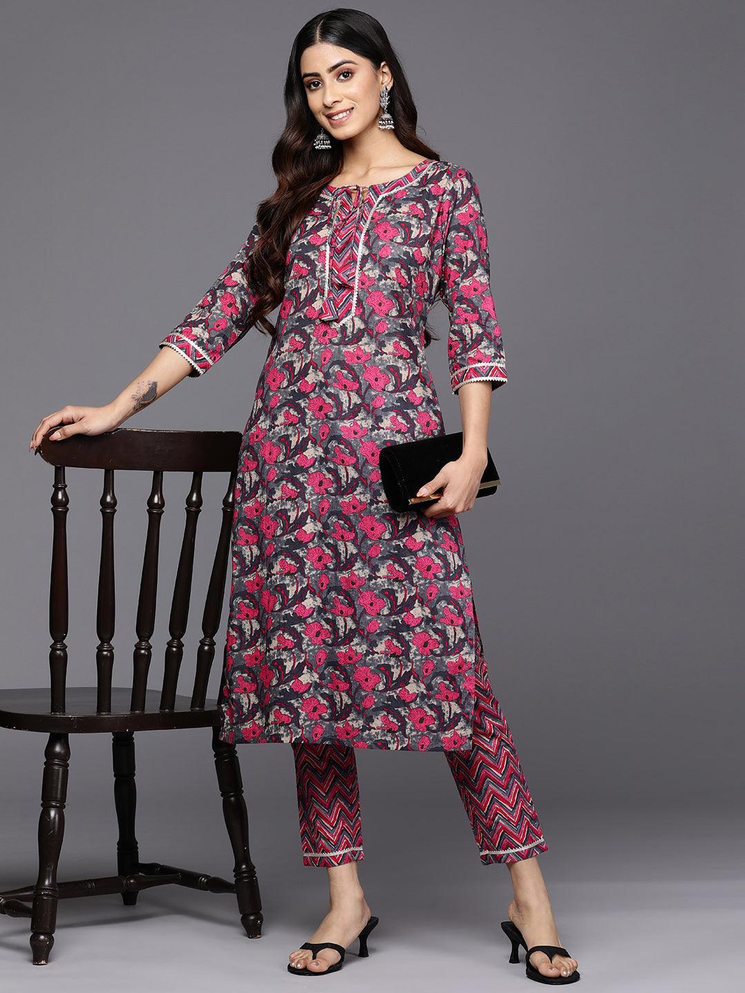 Grey Printed Cotton Straight Kurta Set With Trousers