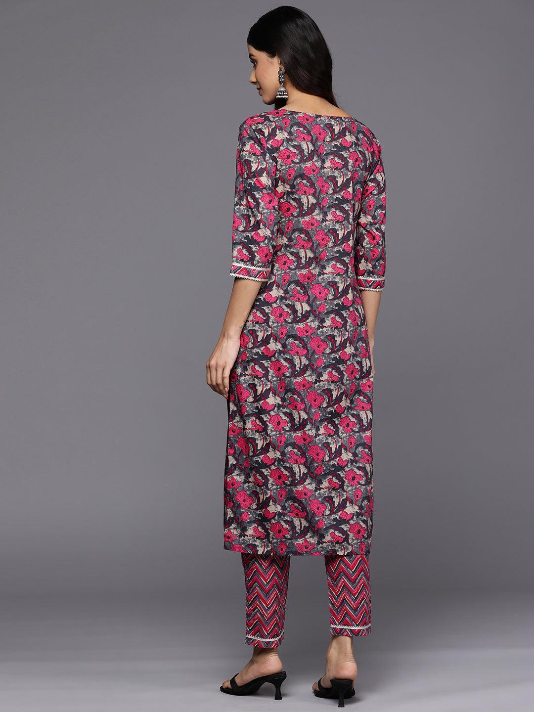 Grey Printed Cotton Straight Kurta Set With Trousers