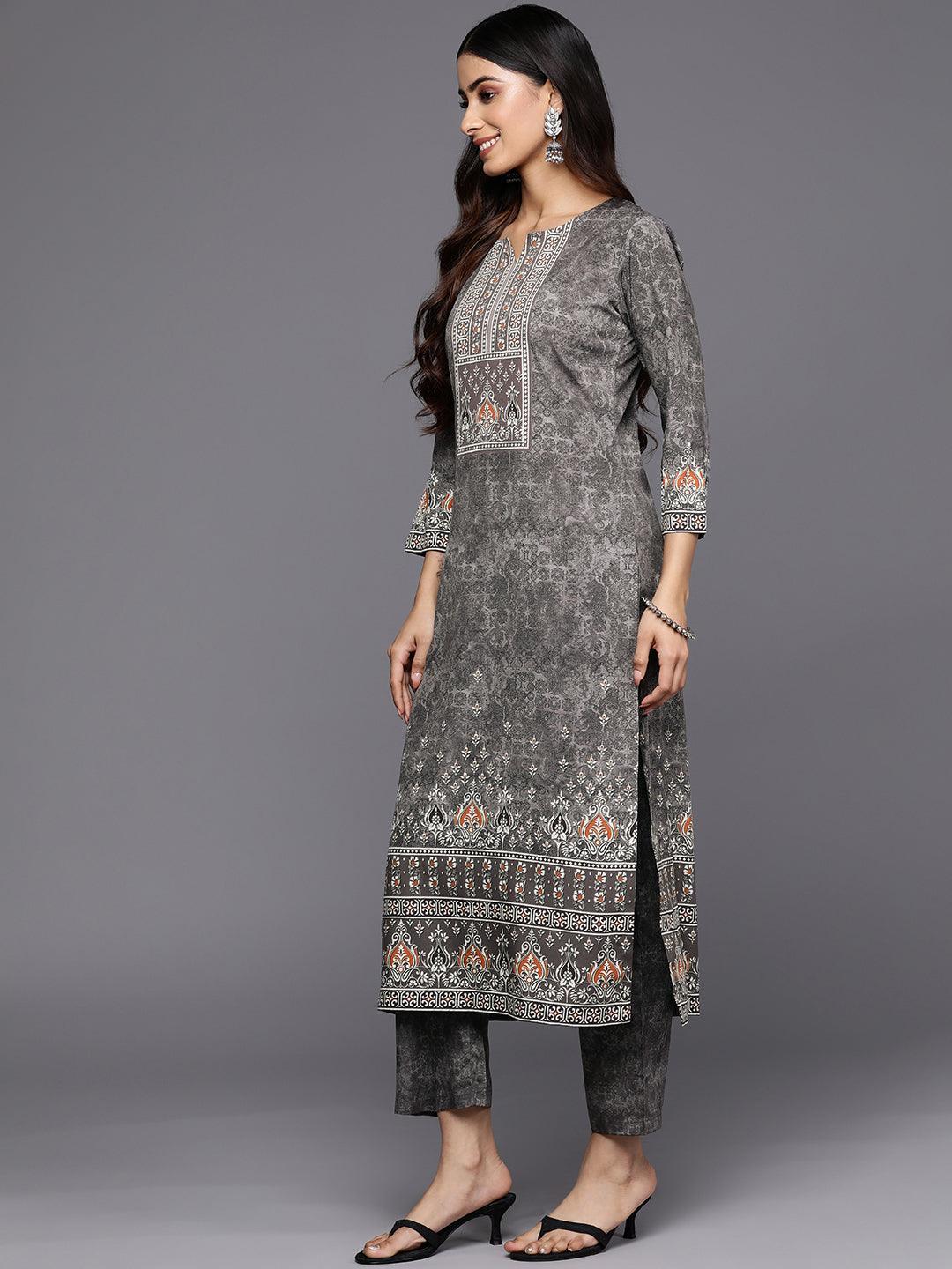 Grey Printed Crepe Straight Suit Set With Trousers - ShopLibas