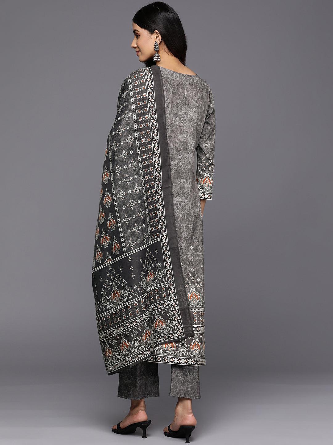 Grey Printed Crepe Straight Suit Set With Trousers - ShopLibas