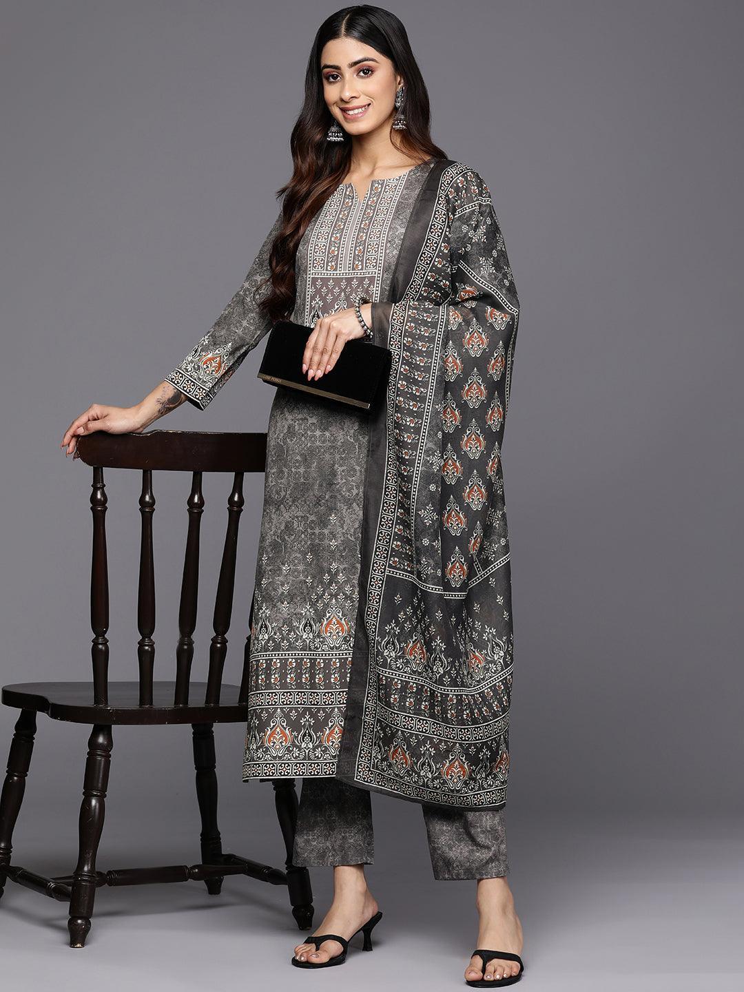 Grey Printed Crepe Straight Suit Set With Trousers - ShopLibas