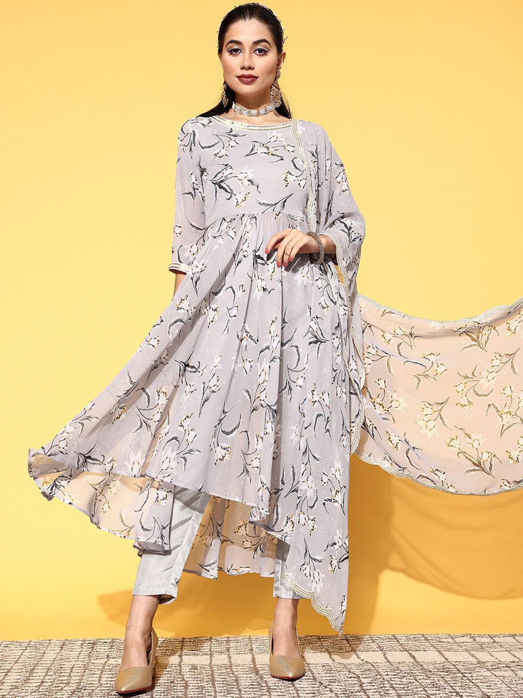 Grey Printed Georgette Anarkali Suit Set