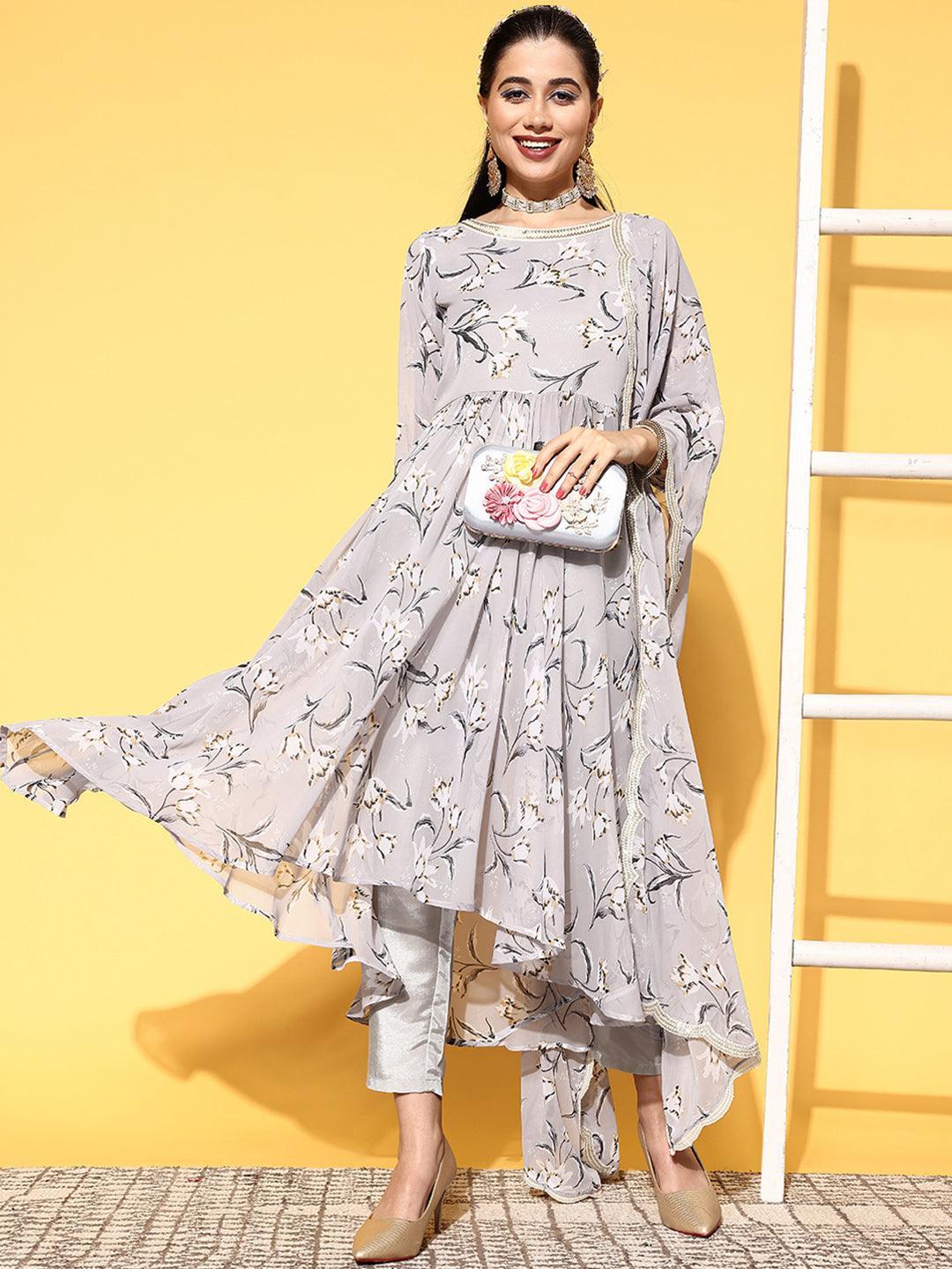 Grey Printed Georgette Anarkali Suit Set