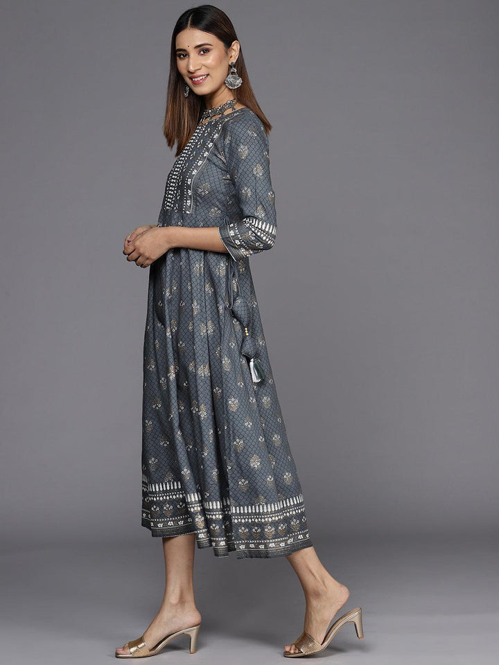 Grey Printed Rayon A-Line Dress - ShopLibas