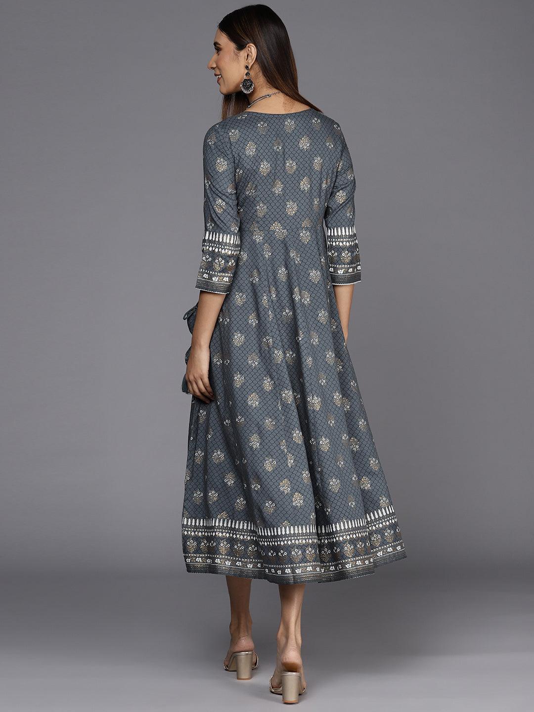 Grey Printed Rayon A-Line Dress - ShopLibas