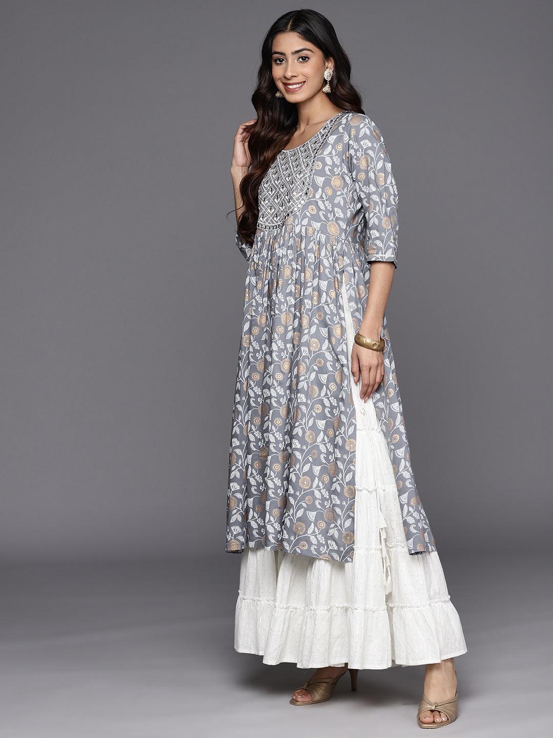 Grey Printed Rayon A-Line Kurta - ShopLibas