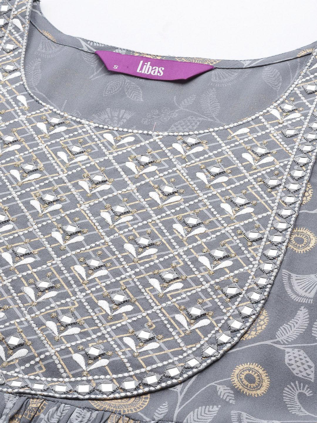 Grey Printed Rayon A-Line Kurta - ShopLibas