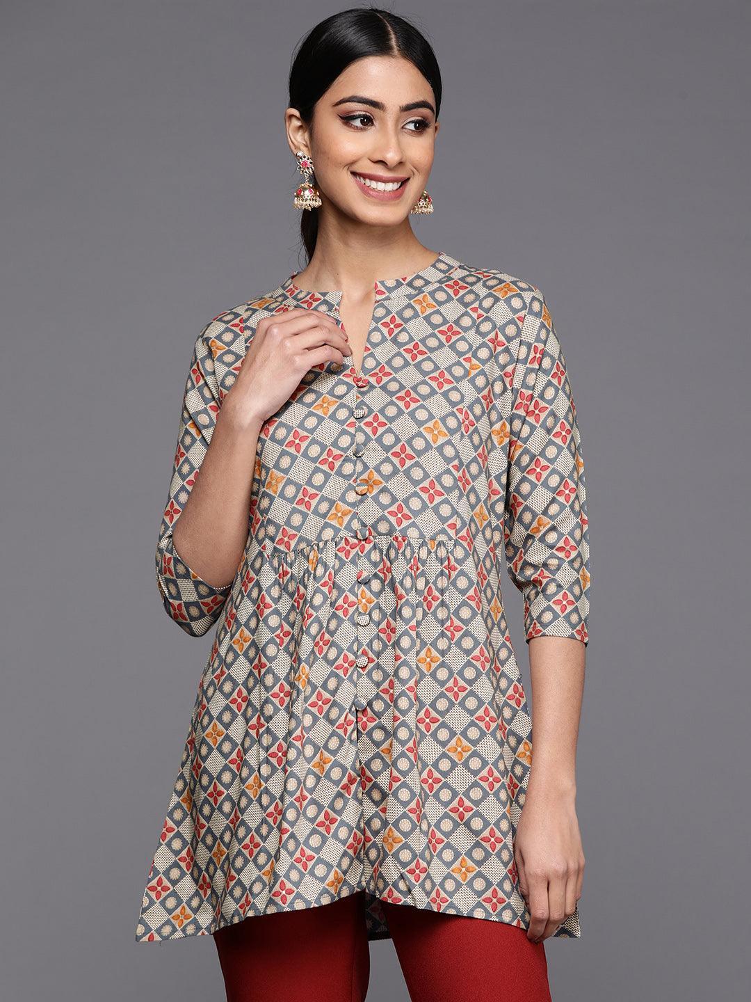 Grey Printed Rayon A-Line Kurti - ShopLibas