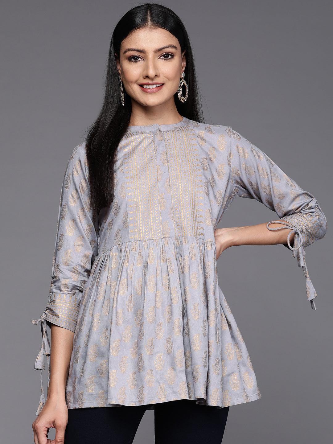 Grey Printed Rayon A-Line Kurti