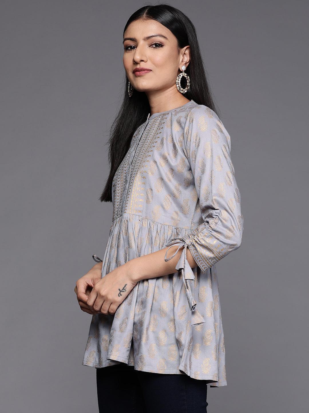 Grey Printed Rayon A-Line Kurti