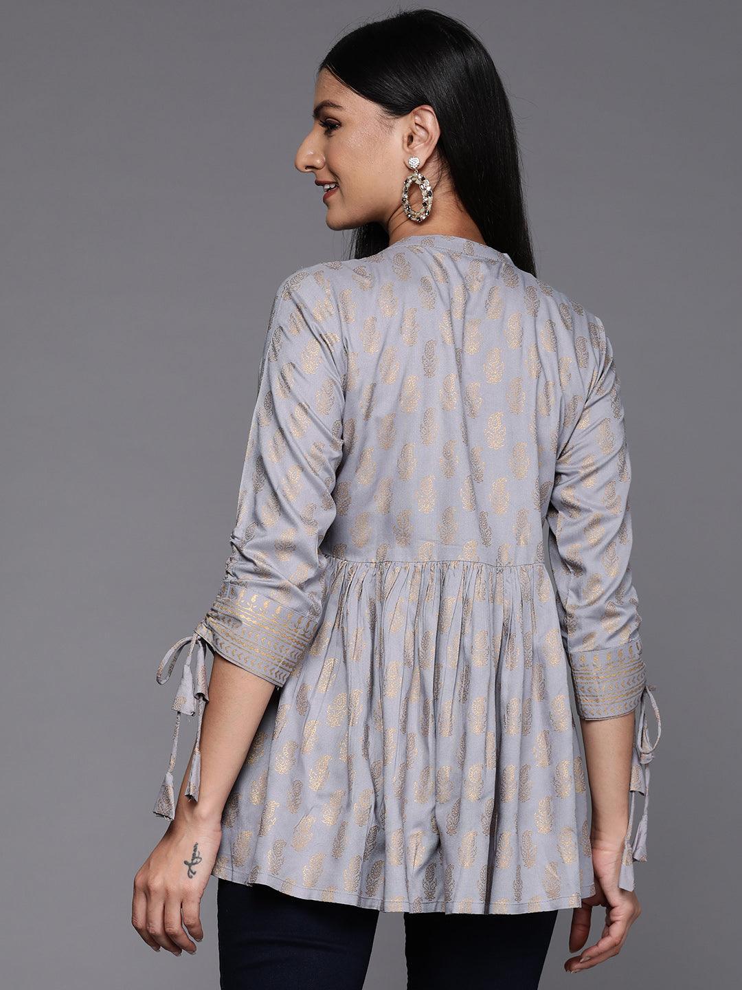 Grey Printed Rayon A-Line Kurti